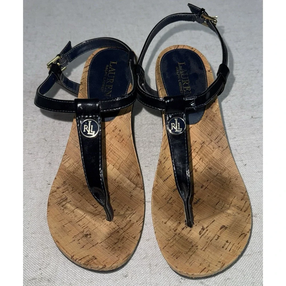 Ralph Lauren Navy Blue Women's 8.5 T-Shaped Thong Wedge Sandals Heels - Picture 4 of 9
